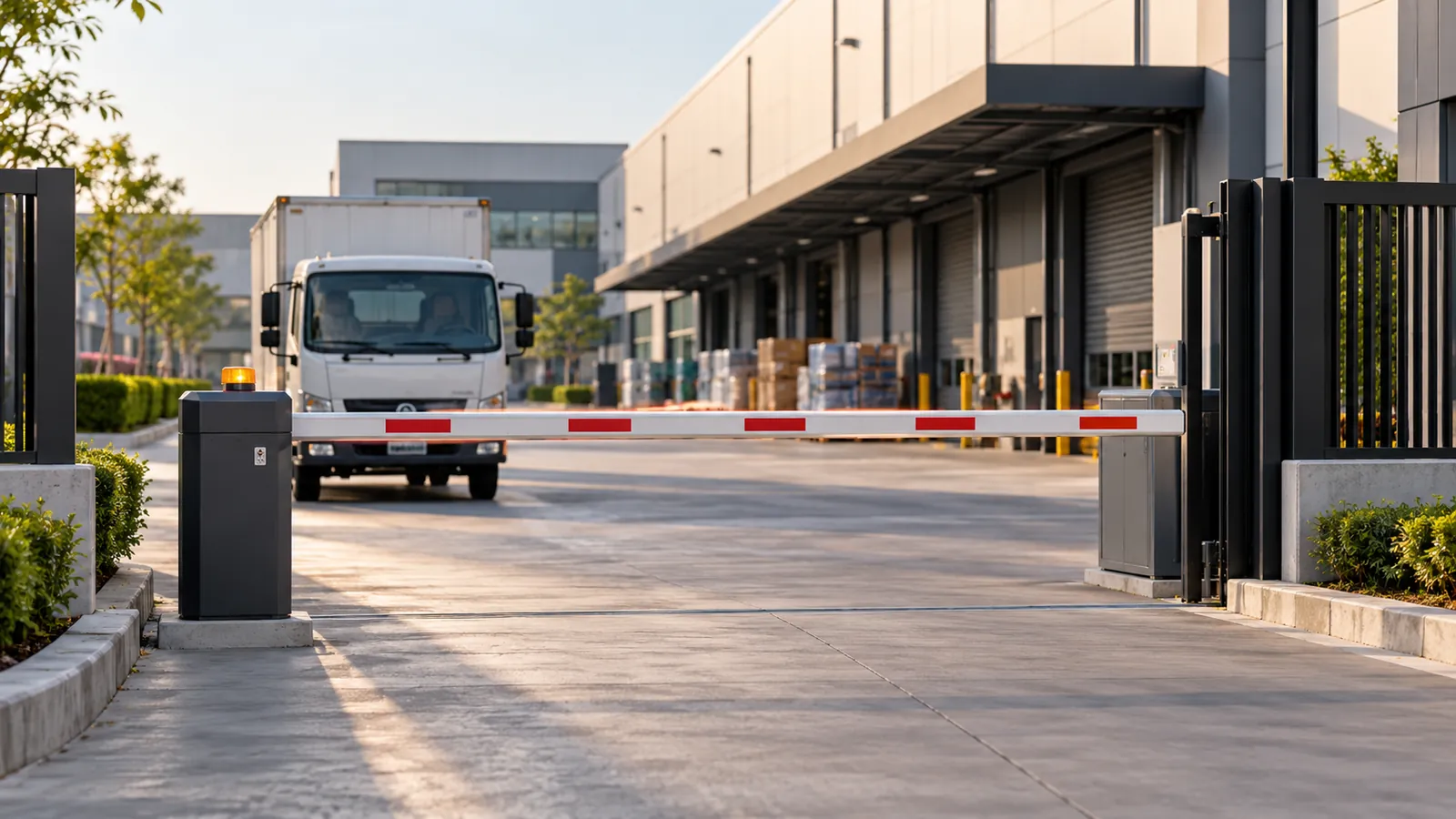 A delivery truck stopped at a closed boom barrier outside a warehouse