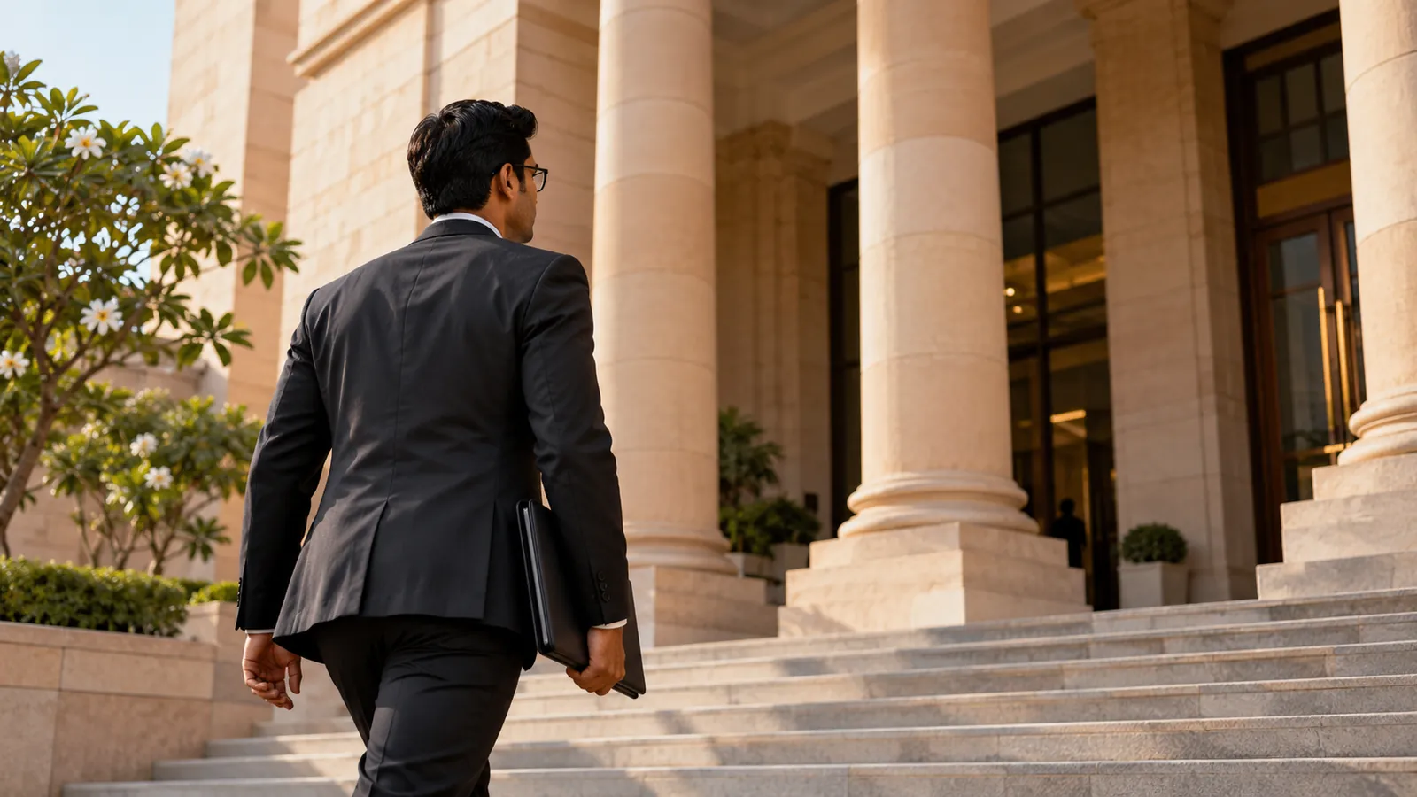 A lawyer walking up the steps of a court building