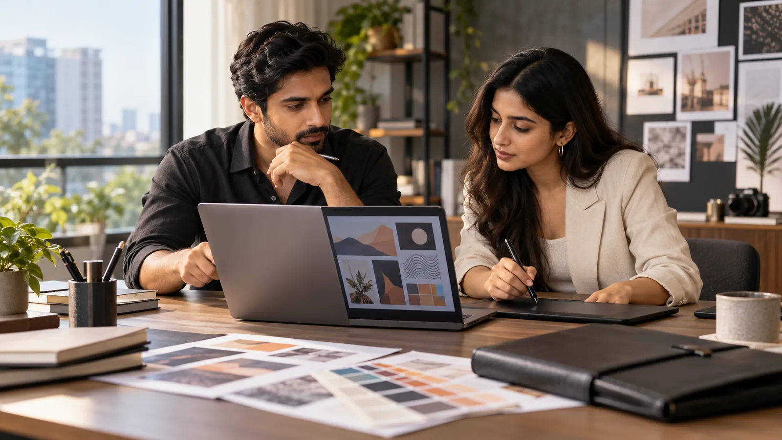 A founder and a designer reviewing creative work on a laptop