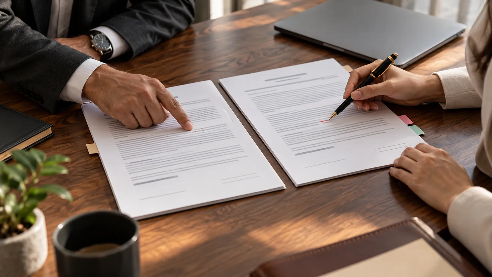 Two people reviewing and marking up a signed business contract